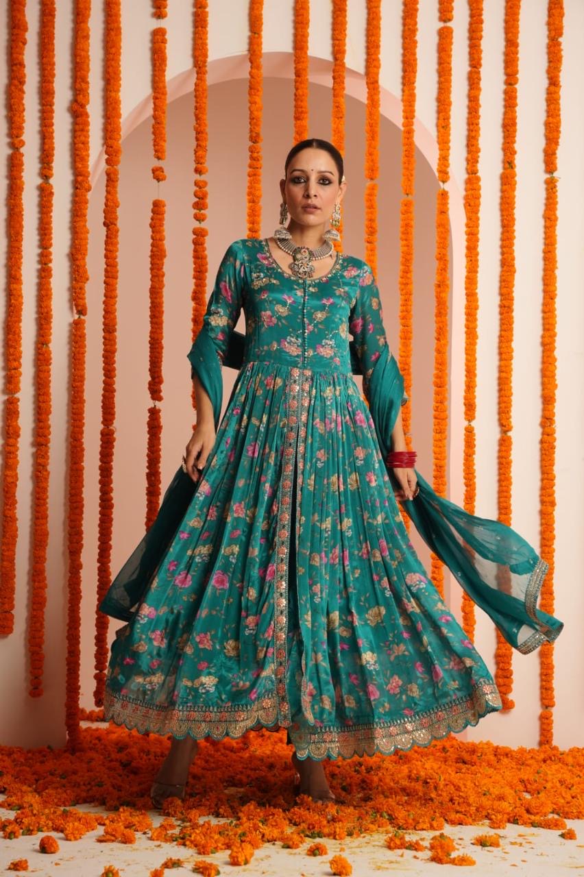 Sea Green floral Print Front cut Anarkali